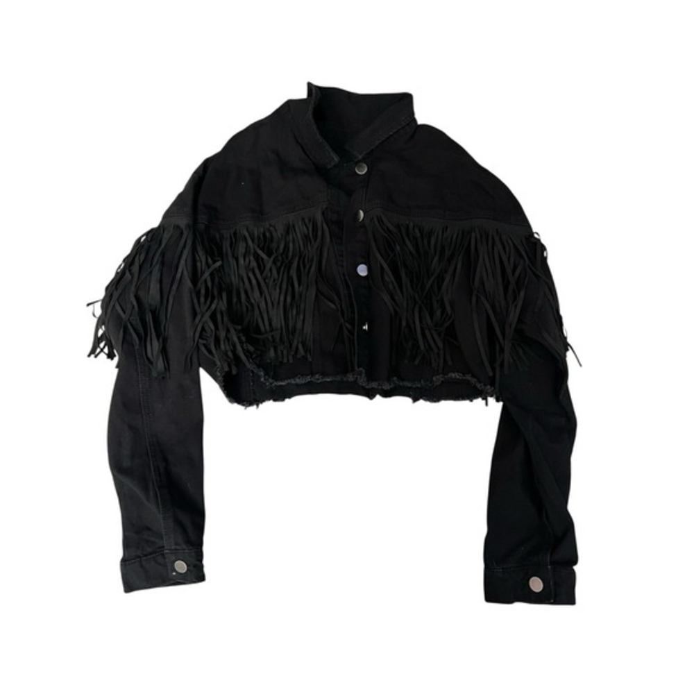 Womens Black Denim Cropped Fringe Jacket Western Raw Hem Tassel Coat‎ Small